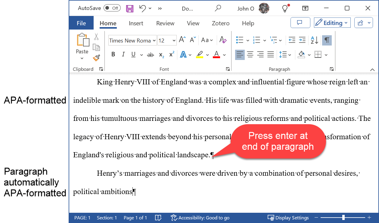Press enter at the end of the APA-formatted paragraph