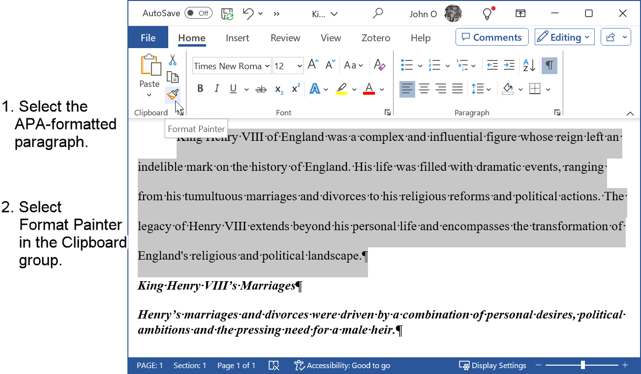 Select the APA-formatted paragraph and the Format Painter Tool